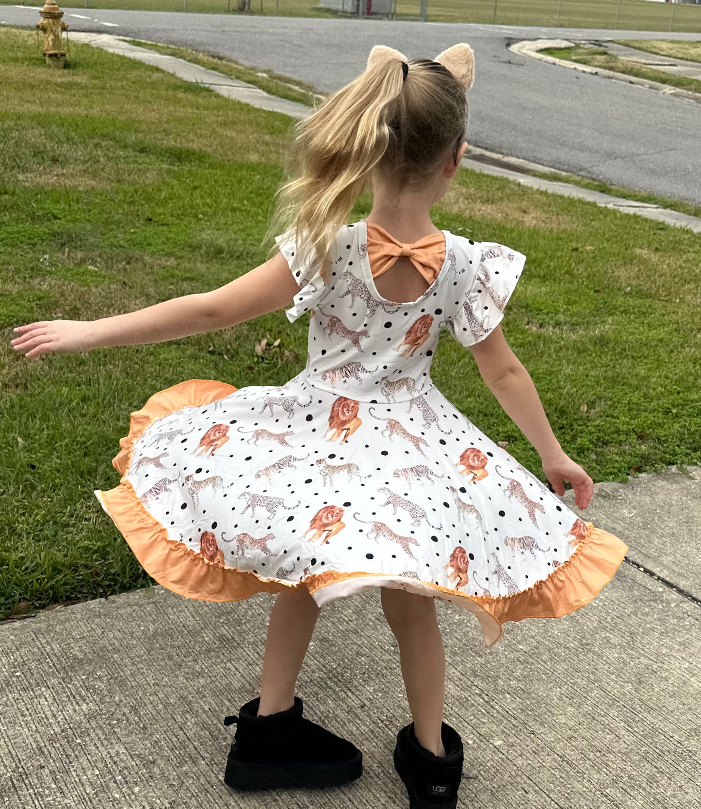 Big Cats Bow Back Twirl Dress (light brown background)