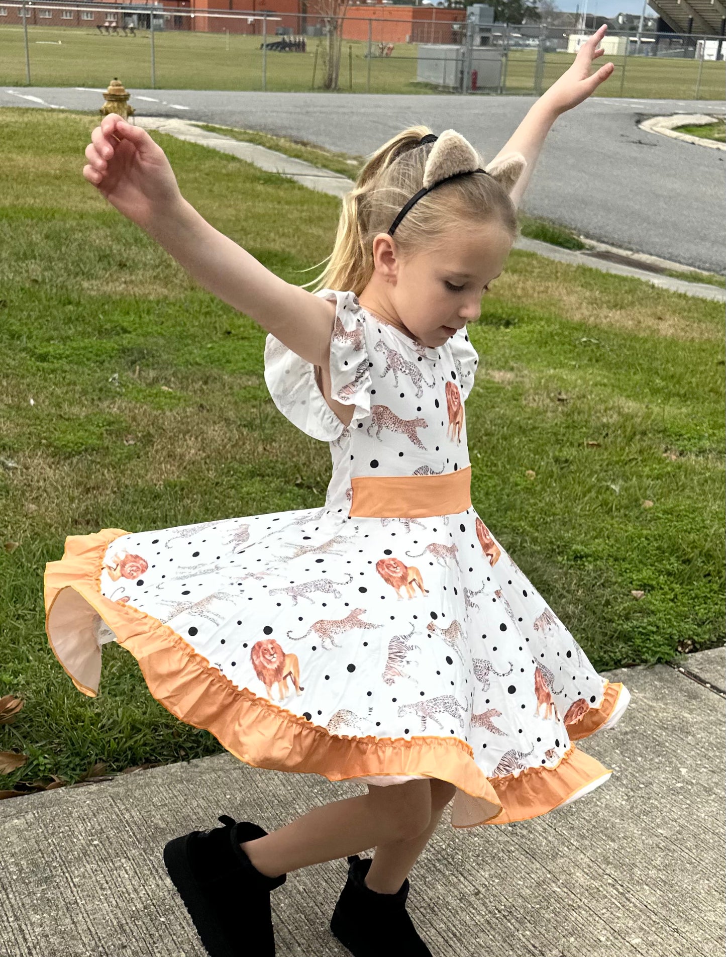 Big Cats Bow Back Twirl Dress (light brown background)