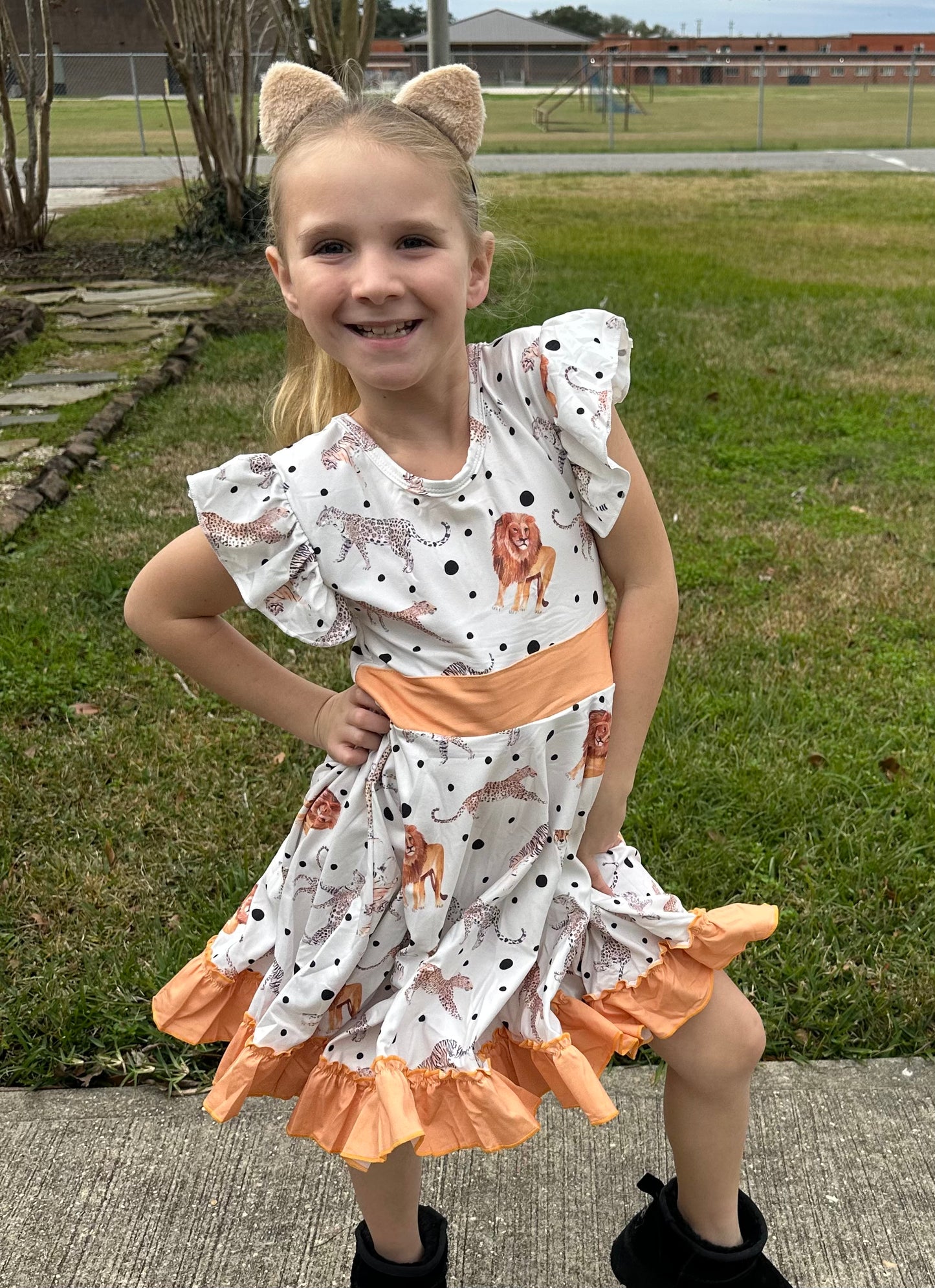 Big Cats Bow Back Twirl Dress (light brown background)