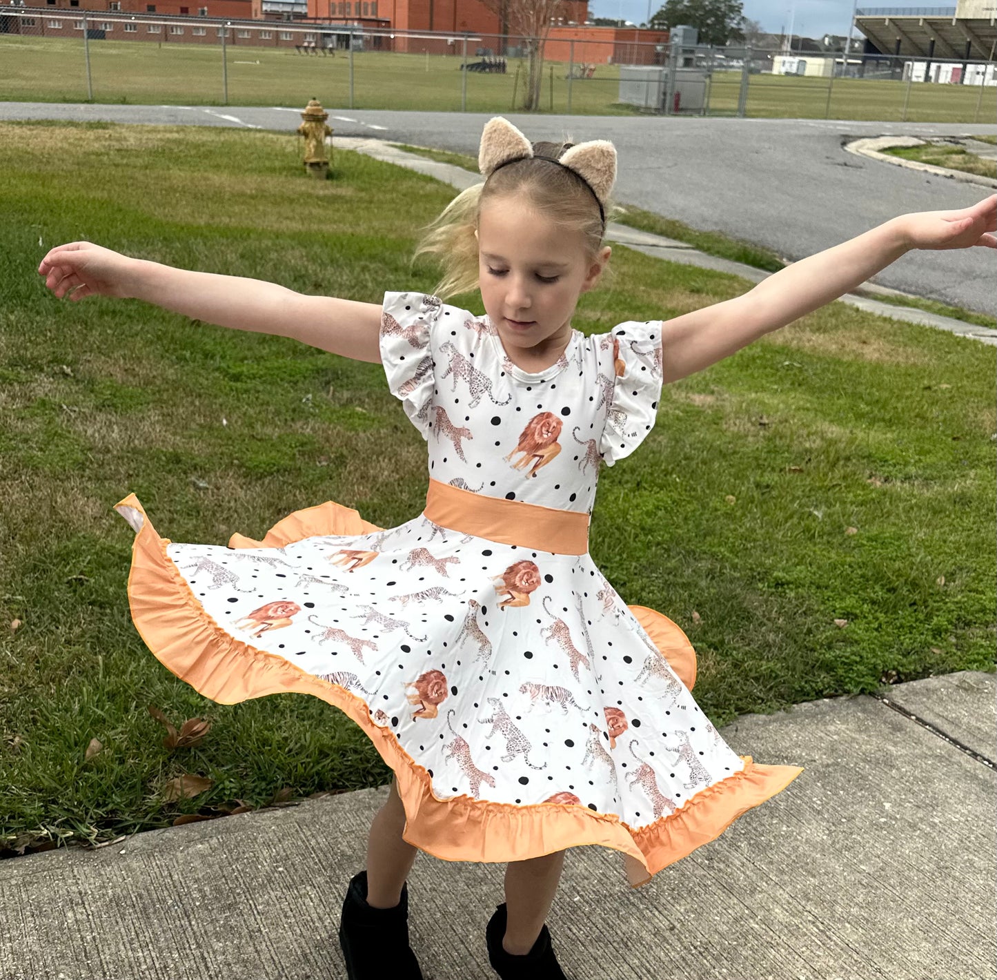Big Cats Bow Back Twirl Dress (light brown background)