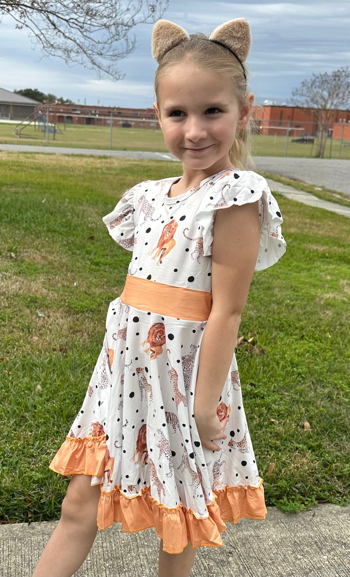 Big Cats Bow Back Twirl Dress (light brown background)