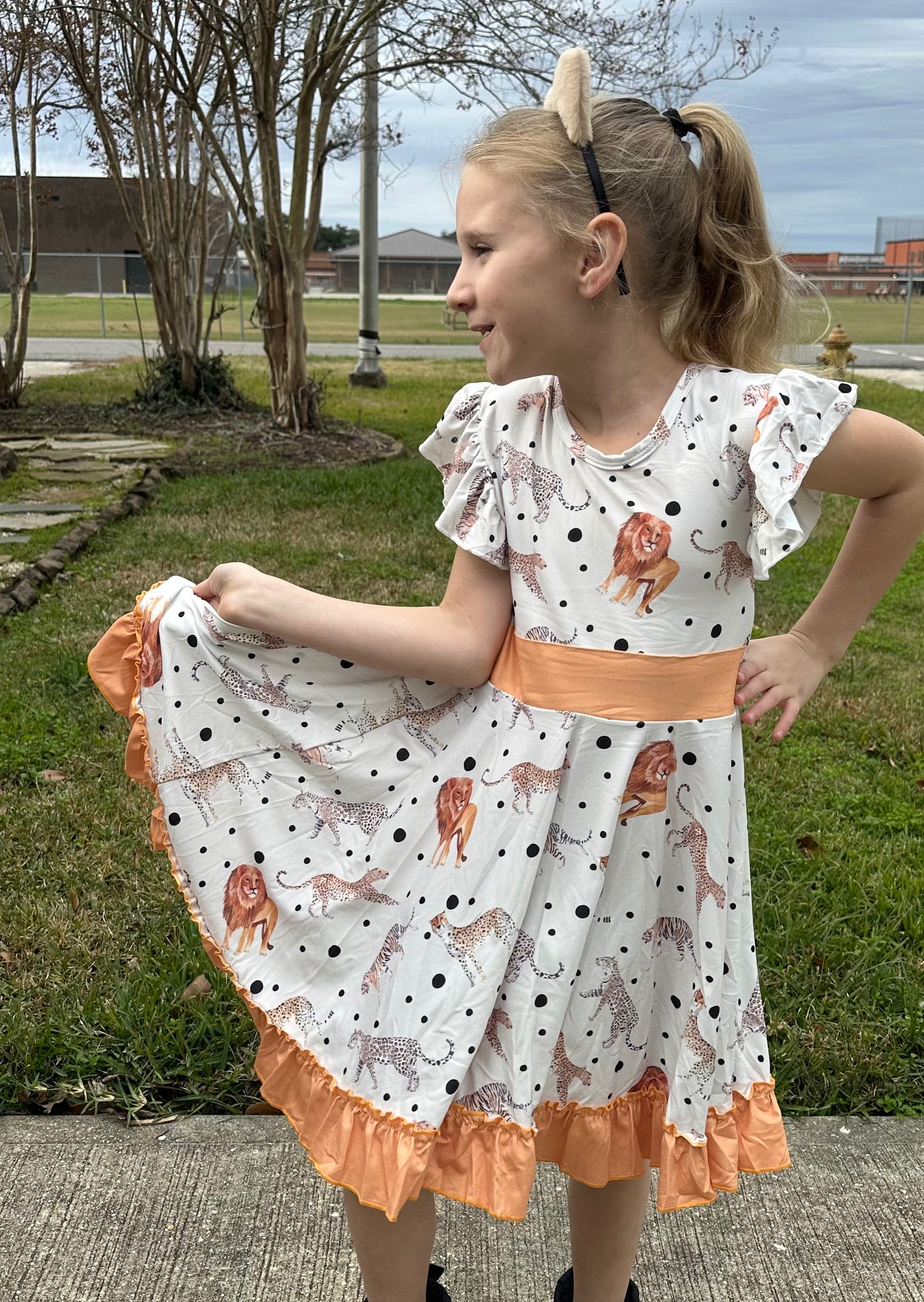 Big Cats Bow Back Twirl Dress (light brown background)