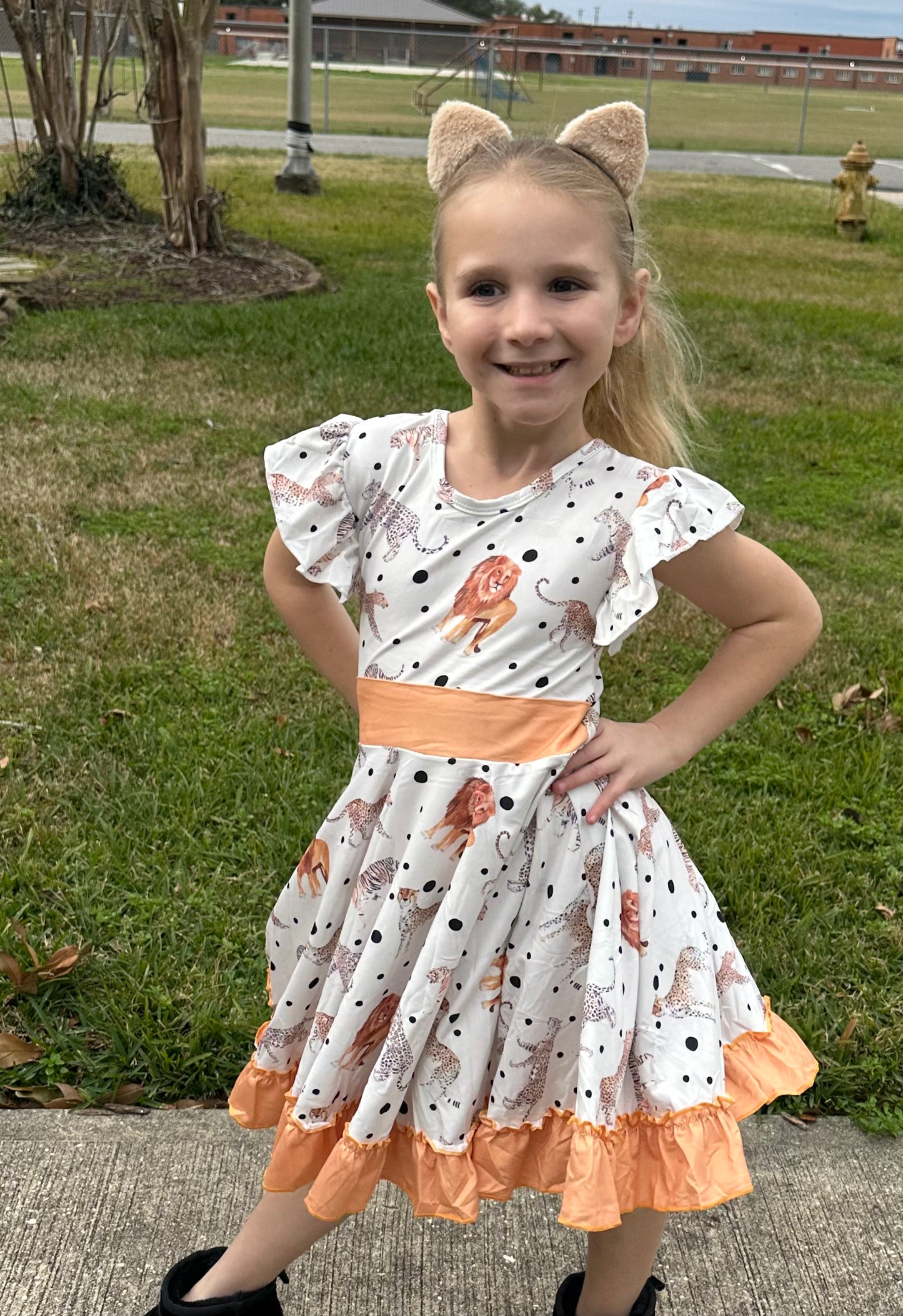 Big Cats Bow Back Twirl Dress (light brown background)