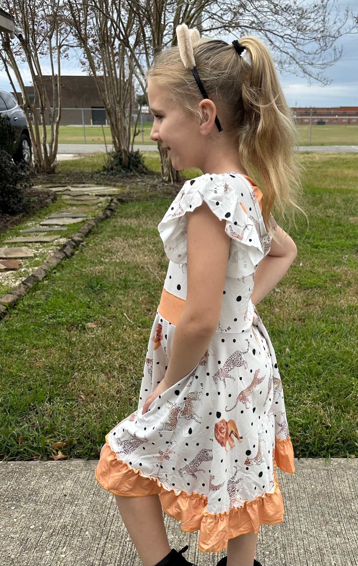 Big Cats Bow Back Twirl Dress (light brown background)