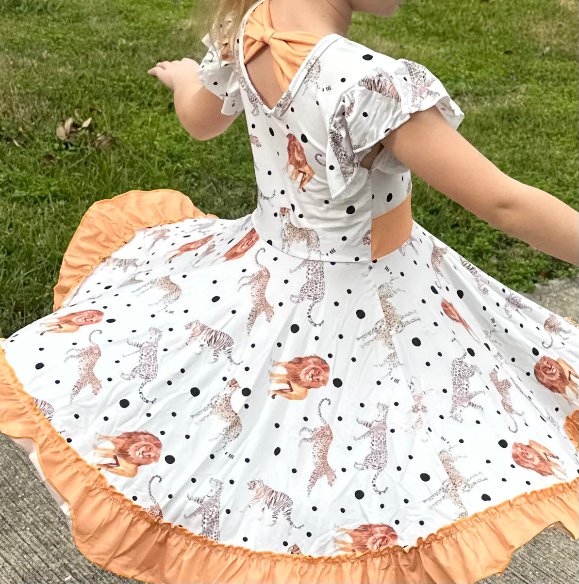 Big Cats Bow Back Twirl Dress (light brown background)