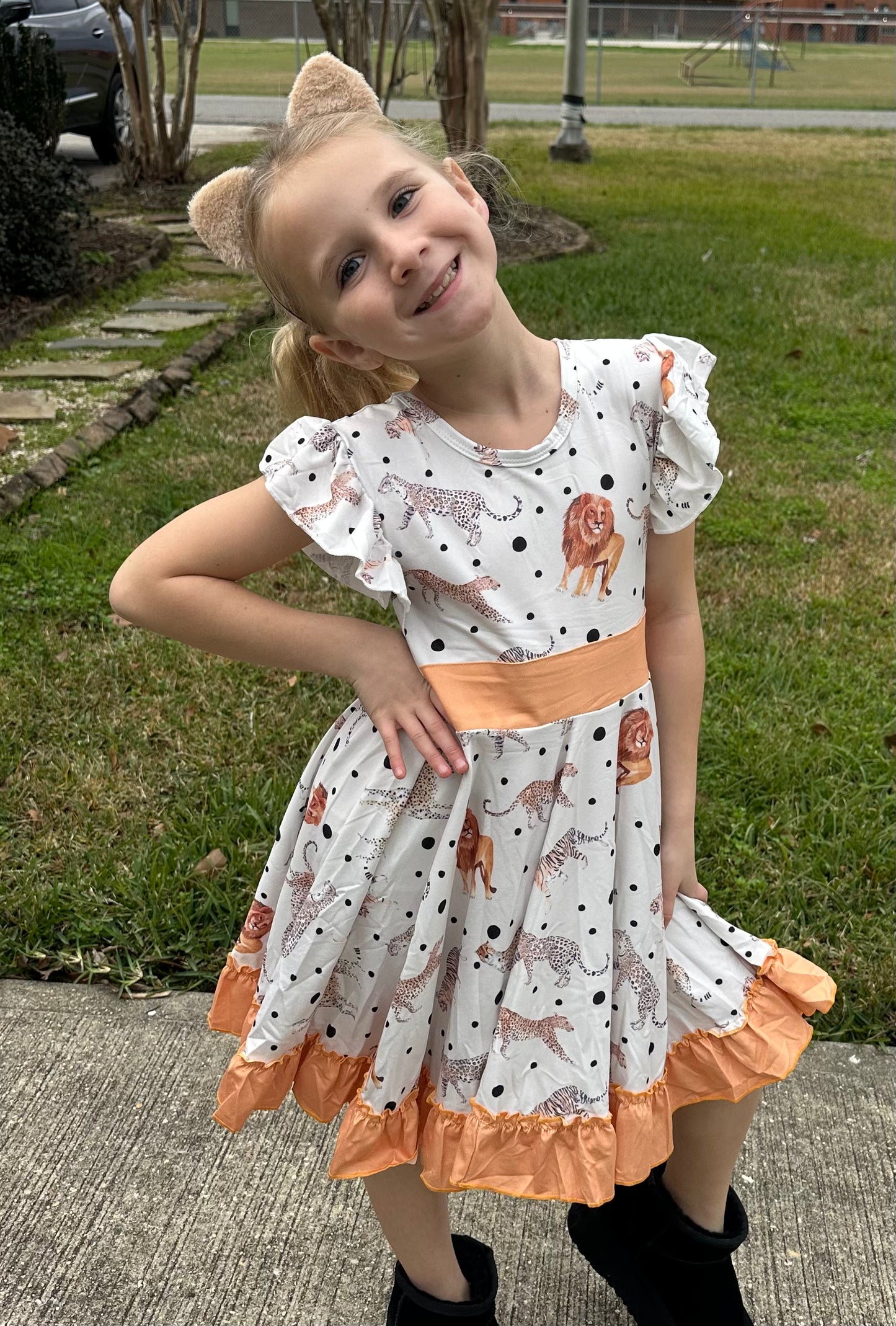 Big Cats Bow Back Twirl Dress (light brown background)