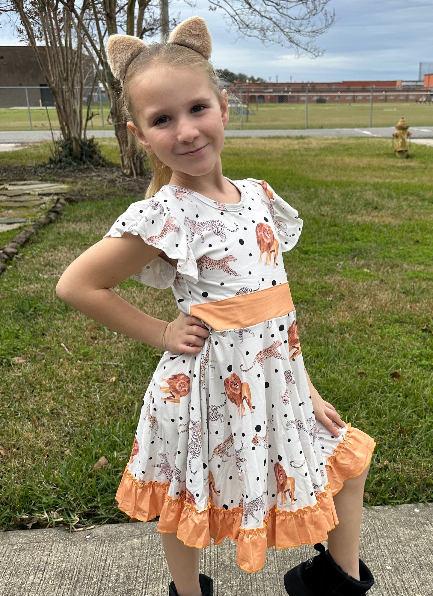 Big Cats Bow Back Twirl Dress (light brown background)