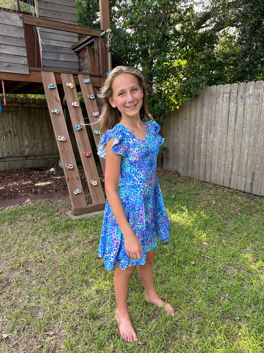 Blue Cheetah crossback flutter twirl dress