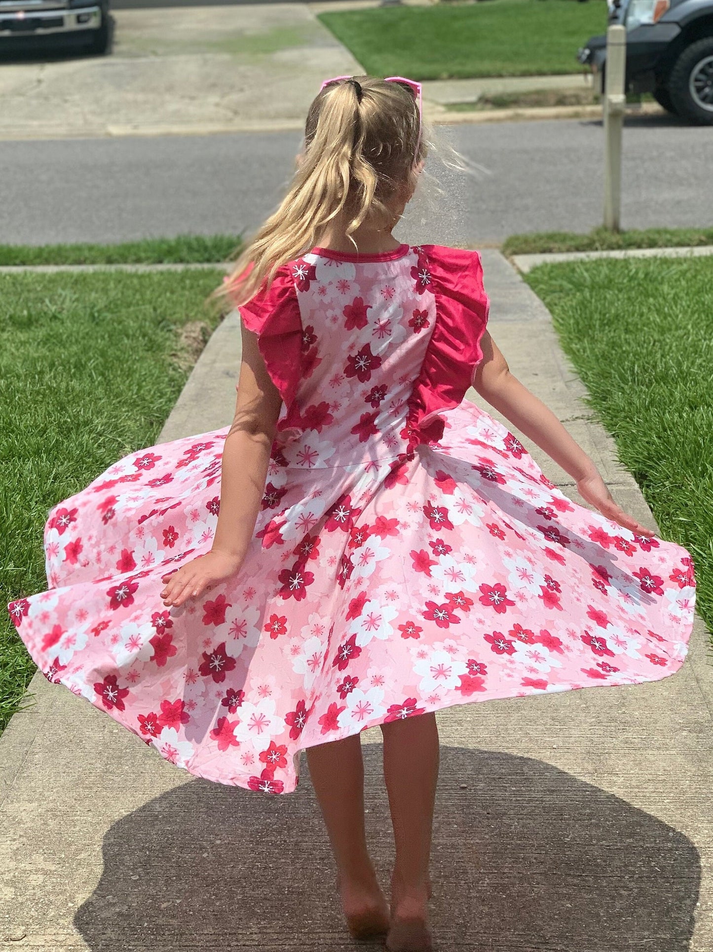 Pink Floral Ruffle Twirl Dress