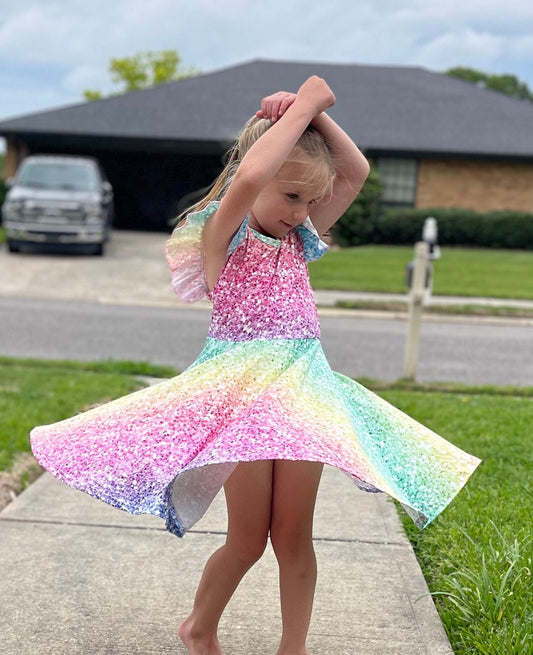Rainbow Sparkle Twirl Flutter Dress