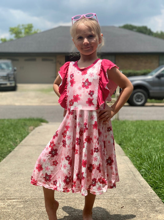 Pink Floral Ruffle Twirl Dress