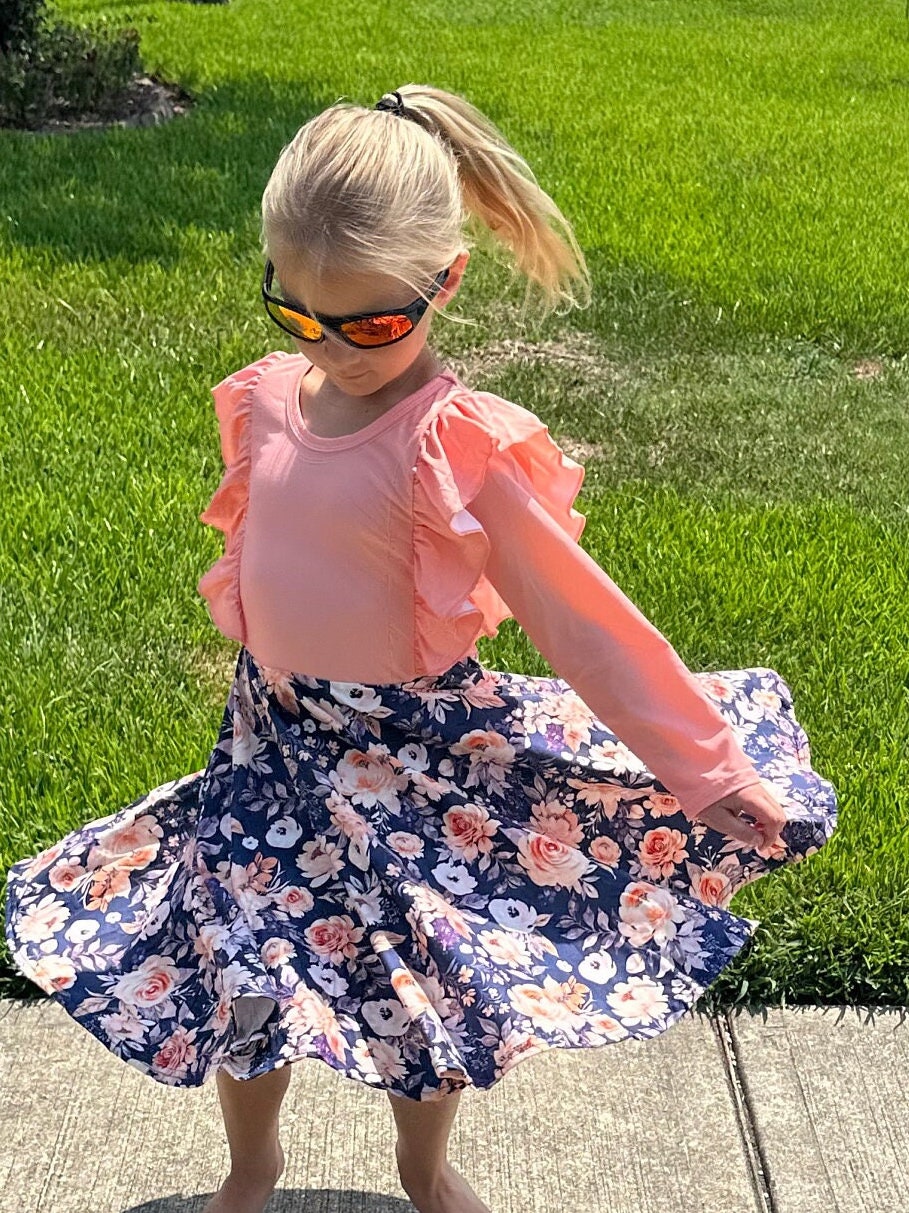 Peach and Grey Floral Ruffle Twirl Dress