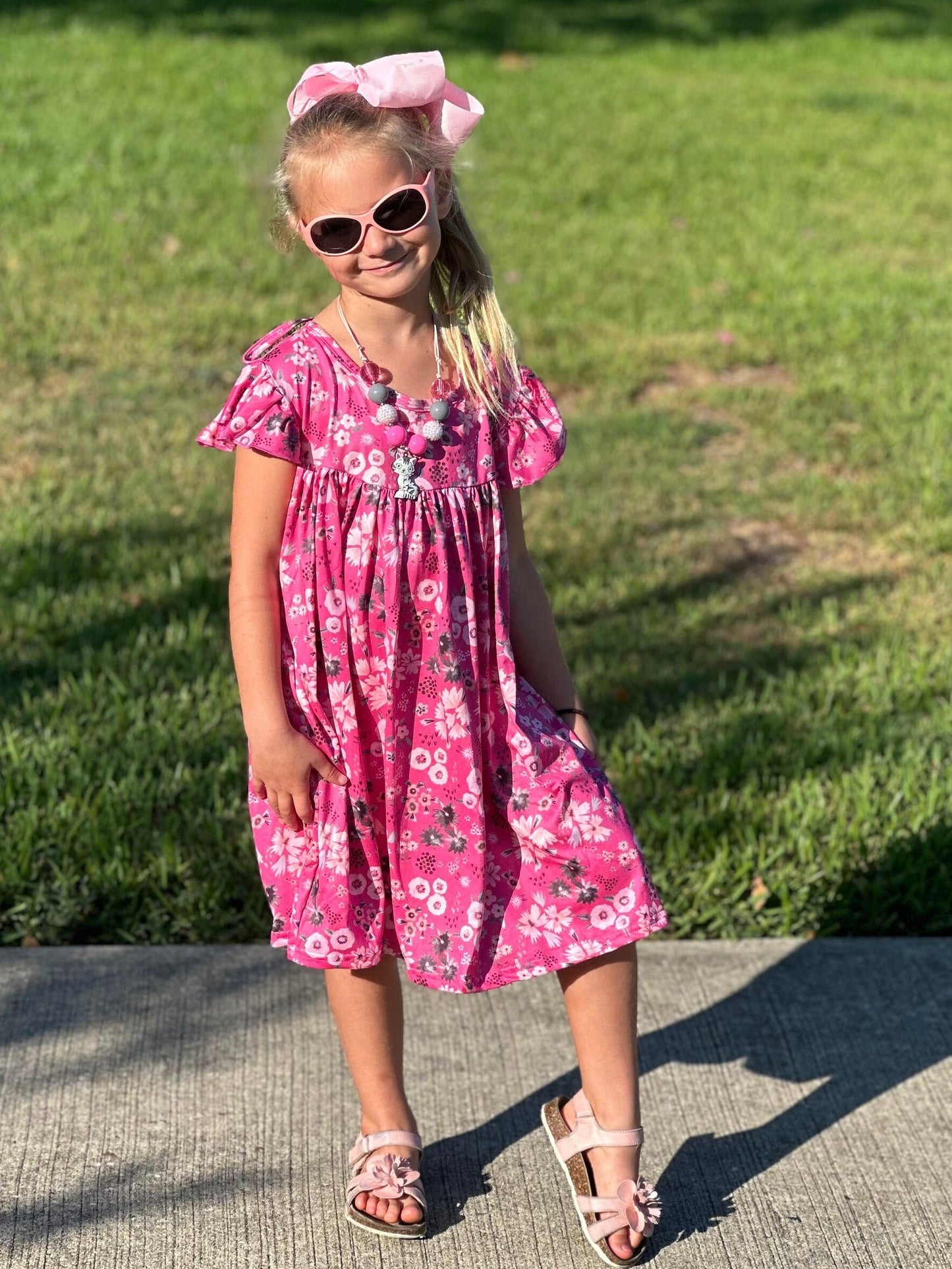 Pink floral tie flow dress
