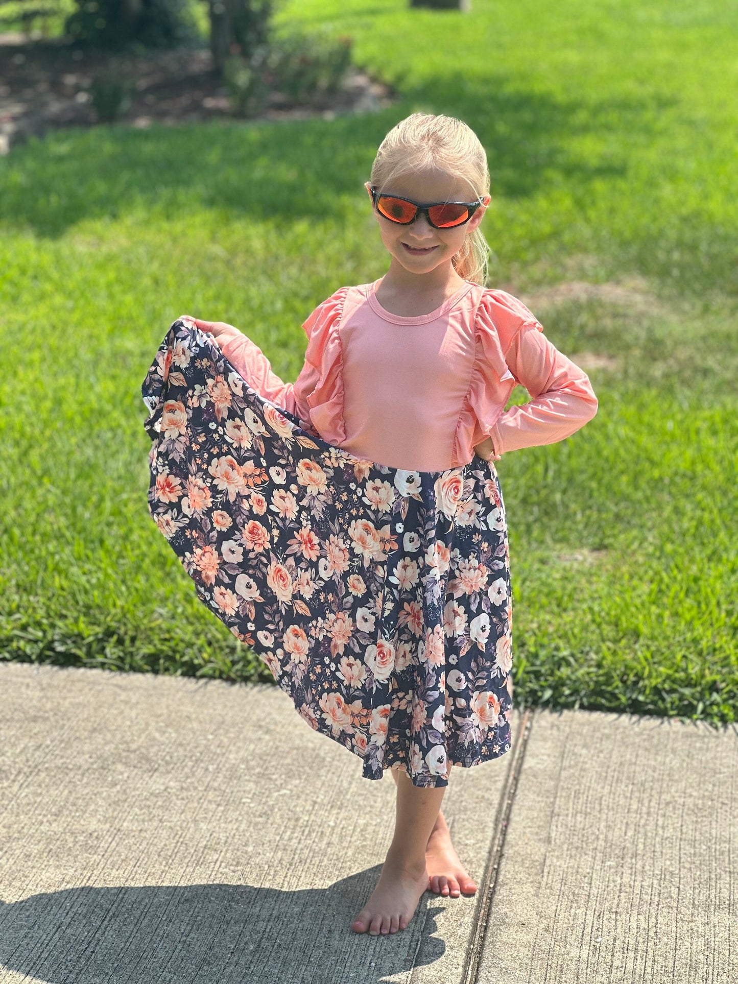 Peach and Grey Floral Ruffle Twirl Dress