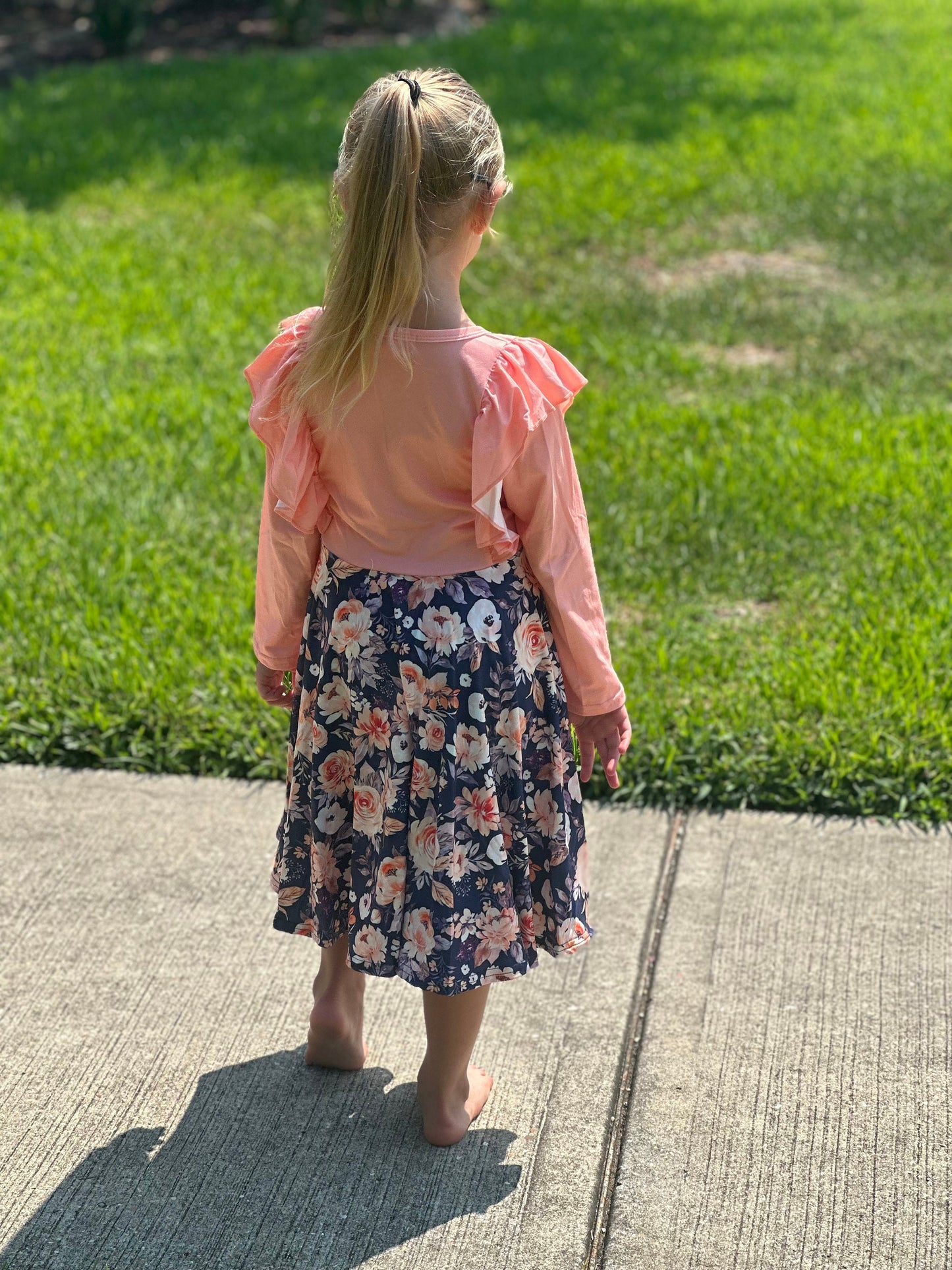 Peach and Grey Floral Ruffle Twirl Dress