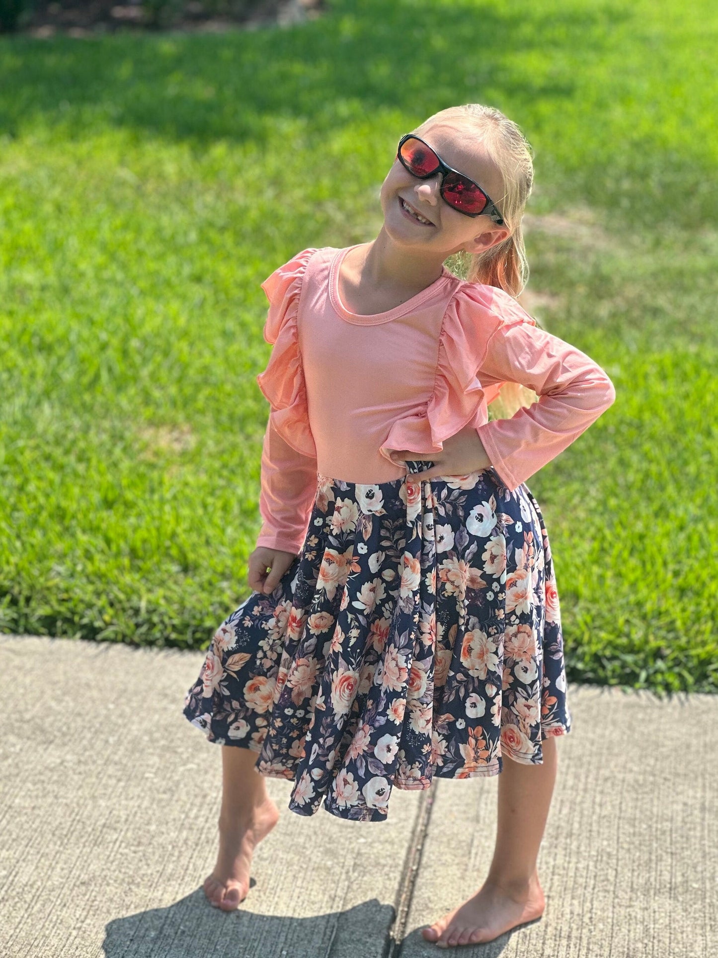Peach and Grey Floral Ruffle Twirl Dress