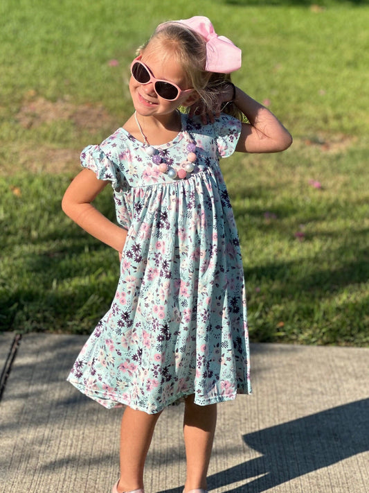 Blue Floral tie back flow dress