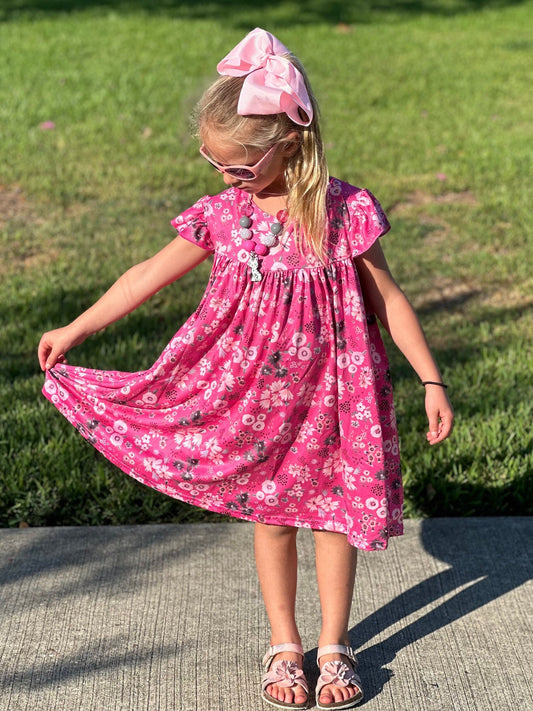Pink floral tie flow dress