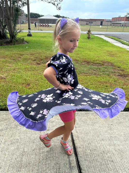 Purple Floral Butterfly Twirl Dress