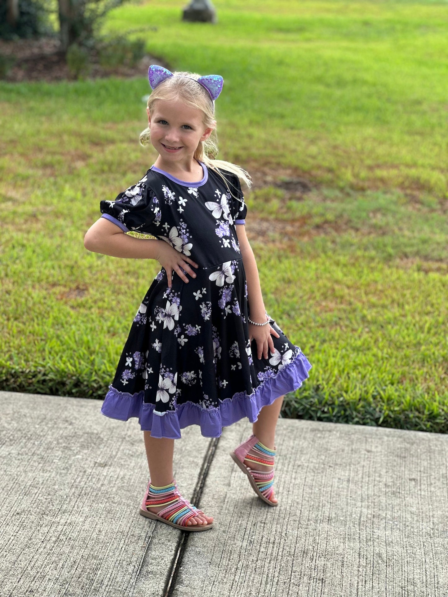 Purple Floral Butterfly Twirl Dress