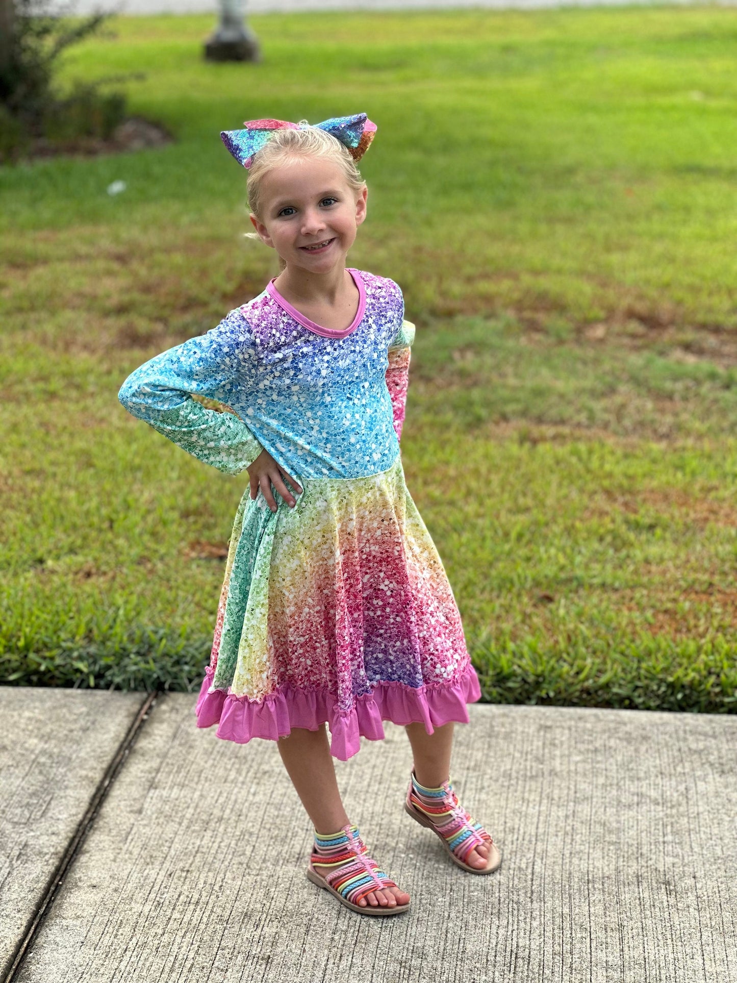 Rainbow Sparkles Long Sleeve Twirl Dress