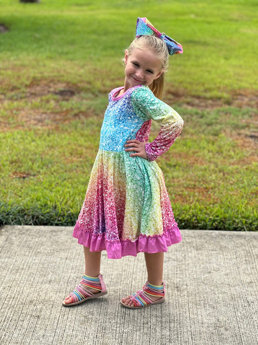 Rainbow Sparkles Long Sleeve Twirl Dress