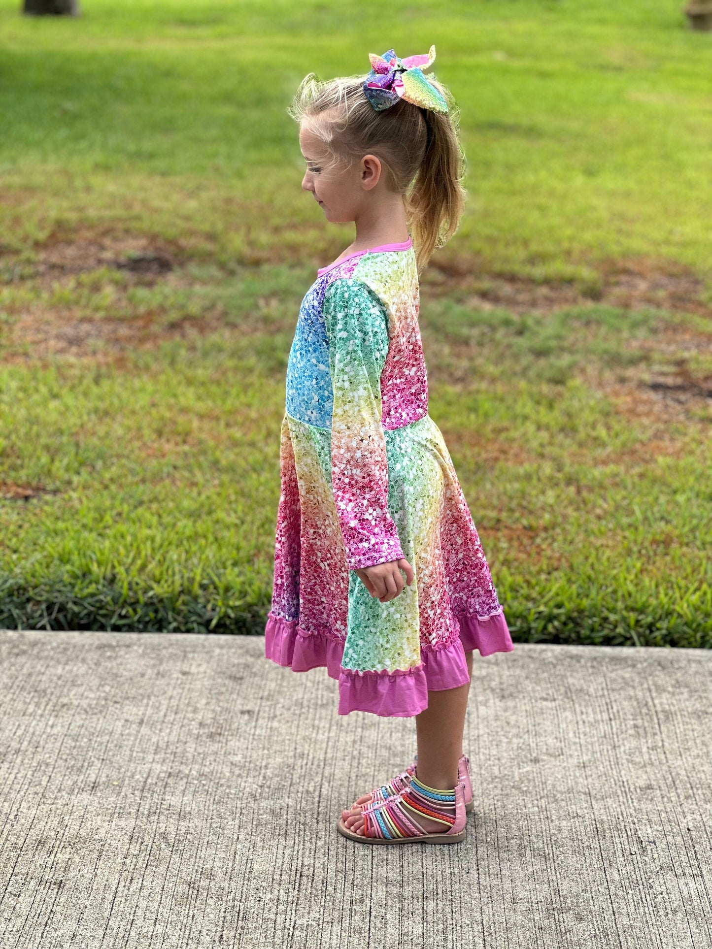 Rainbow Sparkles Long Sleeve Twirl Dress