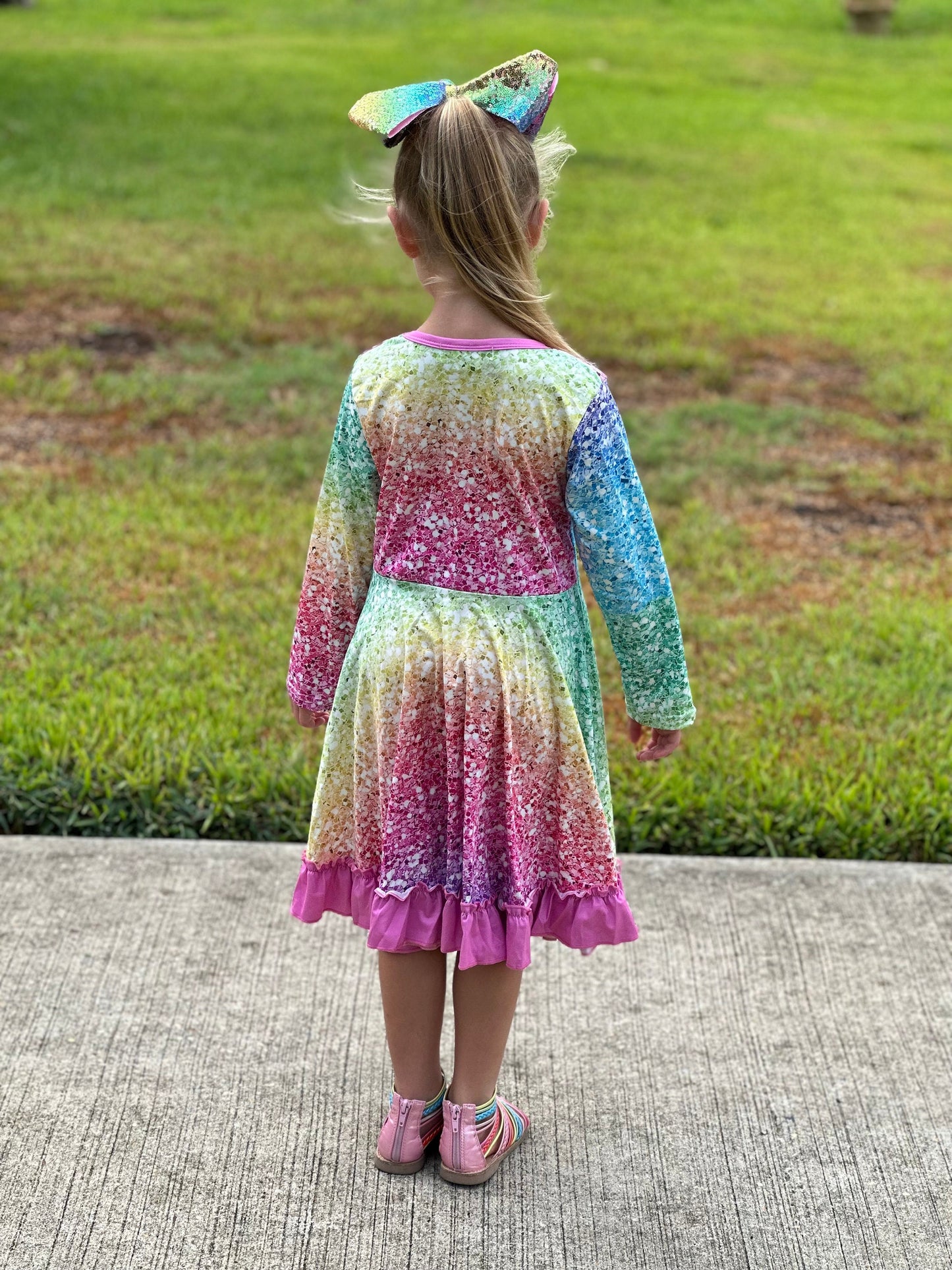 Rainbow Sparkles Long Sleeve Twirl Dress