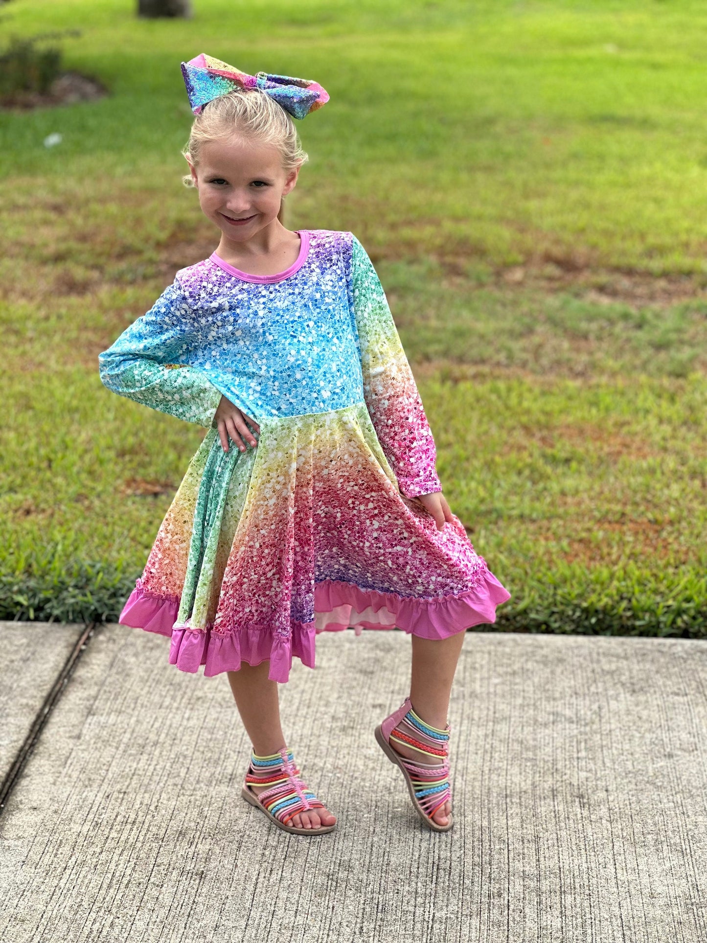 Rainbow Sparkles Long Sleeve Twirl Dress