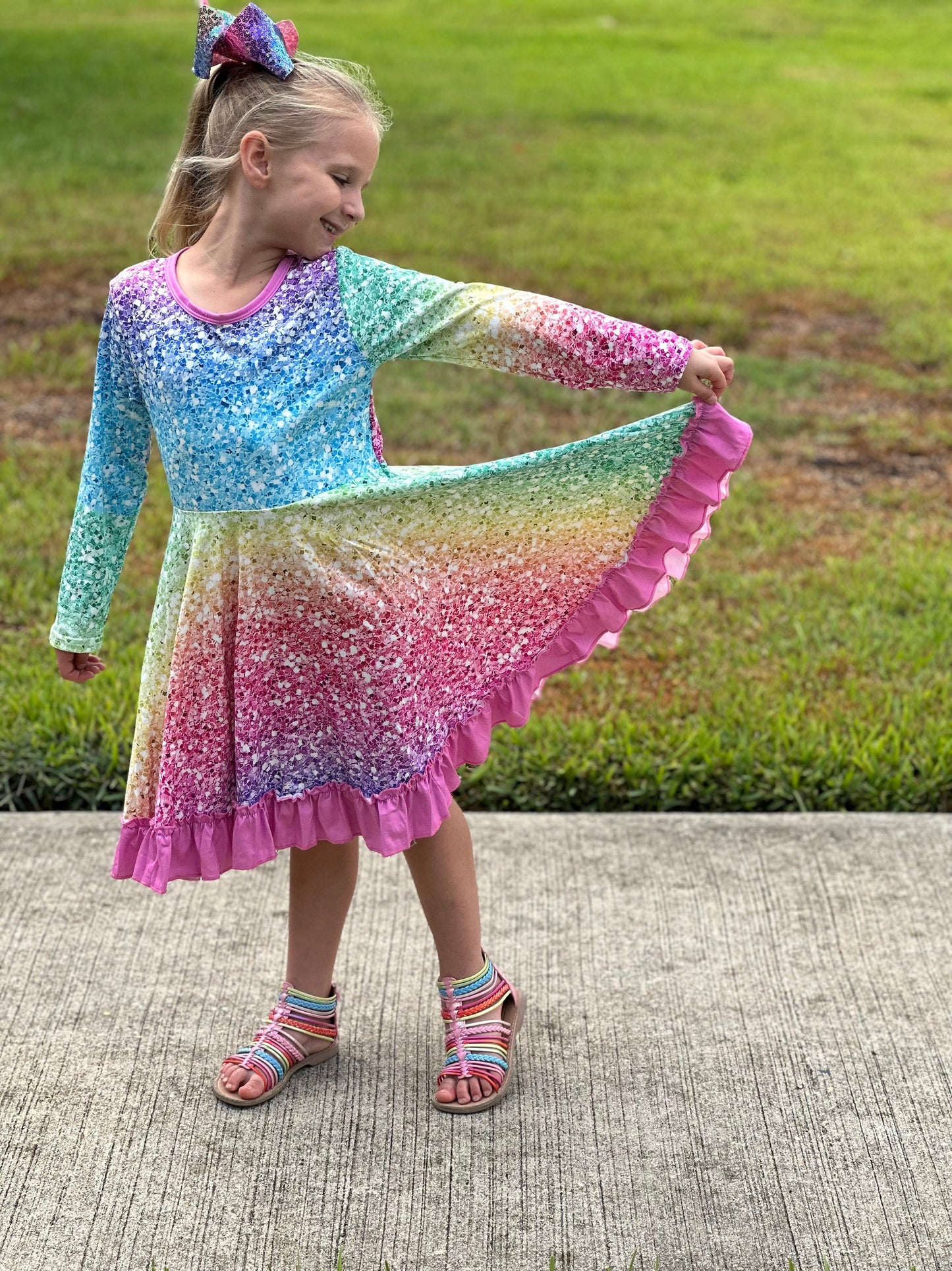 Rainbow Sparkles Long Sleeve Twirl Dress