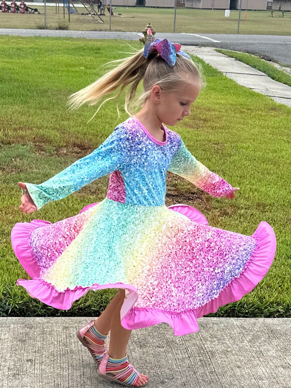 Rainbow Sparkles Long Sleeve Twirl Dress