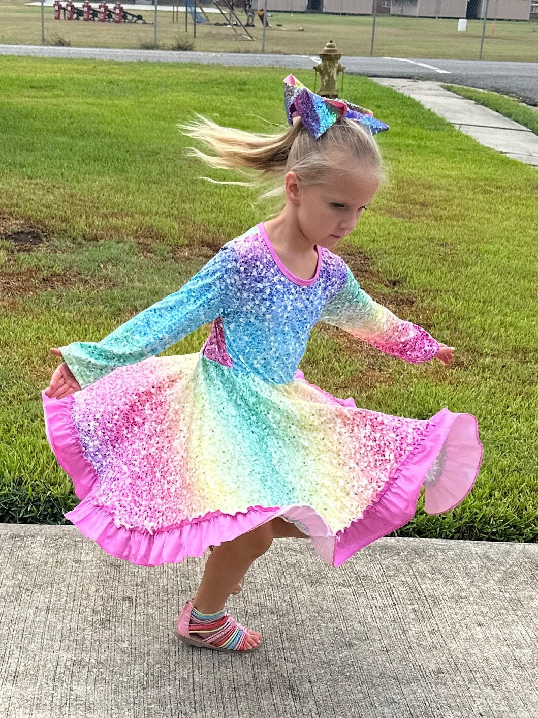 Rainbow Sparkles Long Sleeve Twirl Dress