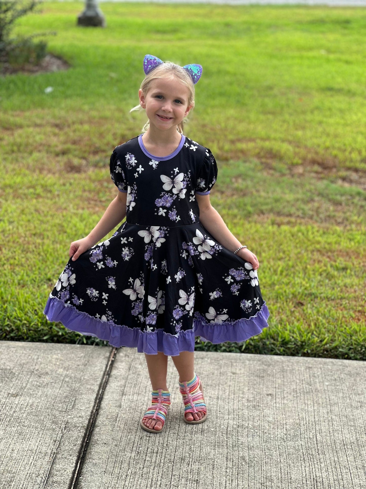 Purple Floral Butterfly Twirl Dress