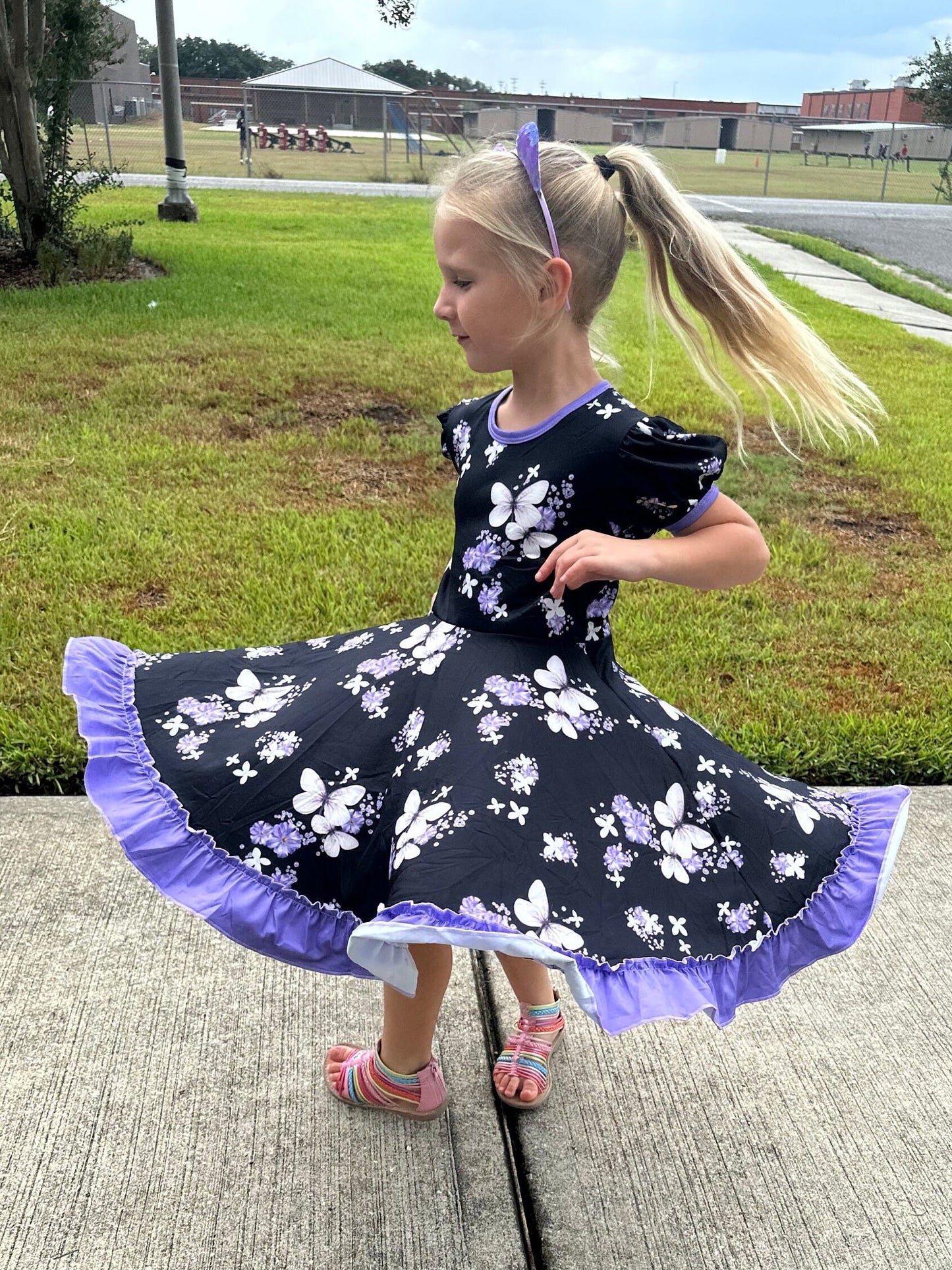 Purple Floral Butterfly Twirl Dress