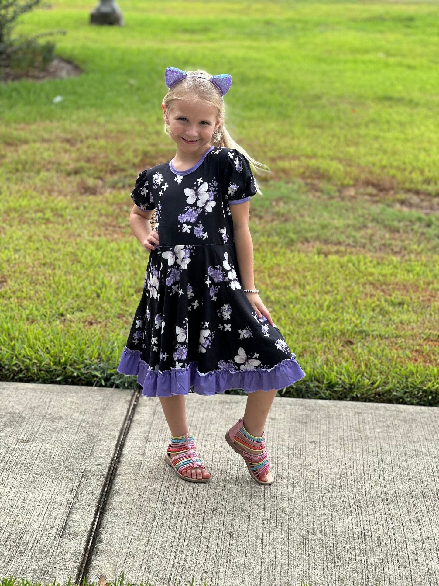 Purple Floral Butterfly Twirl Dress