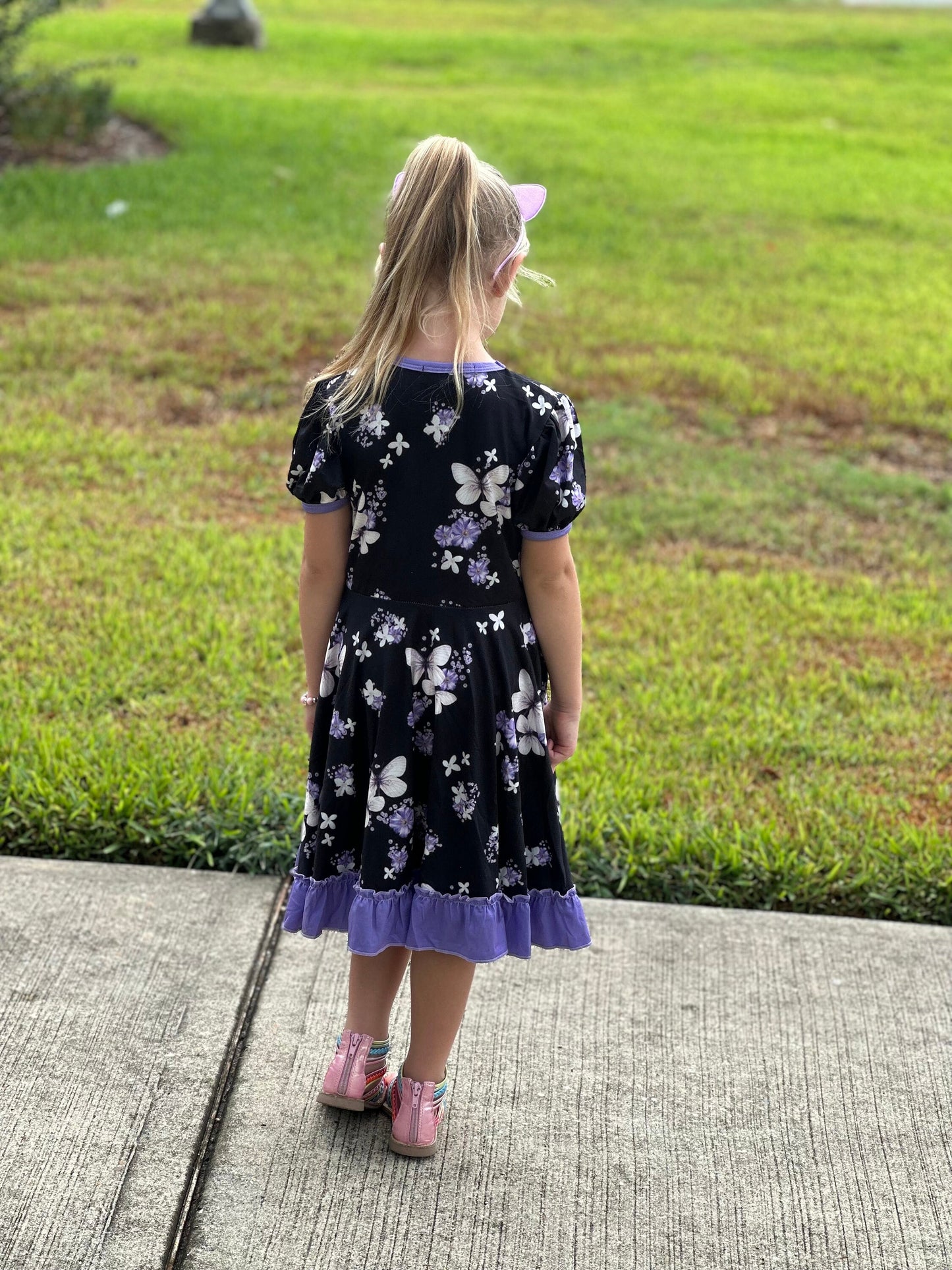 Purple Floral Butterfly Twirl Dress