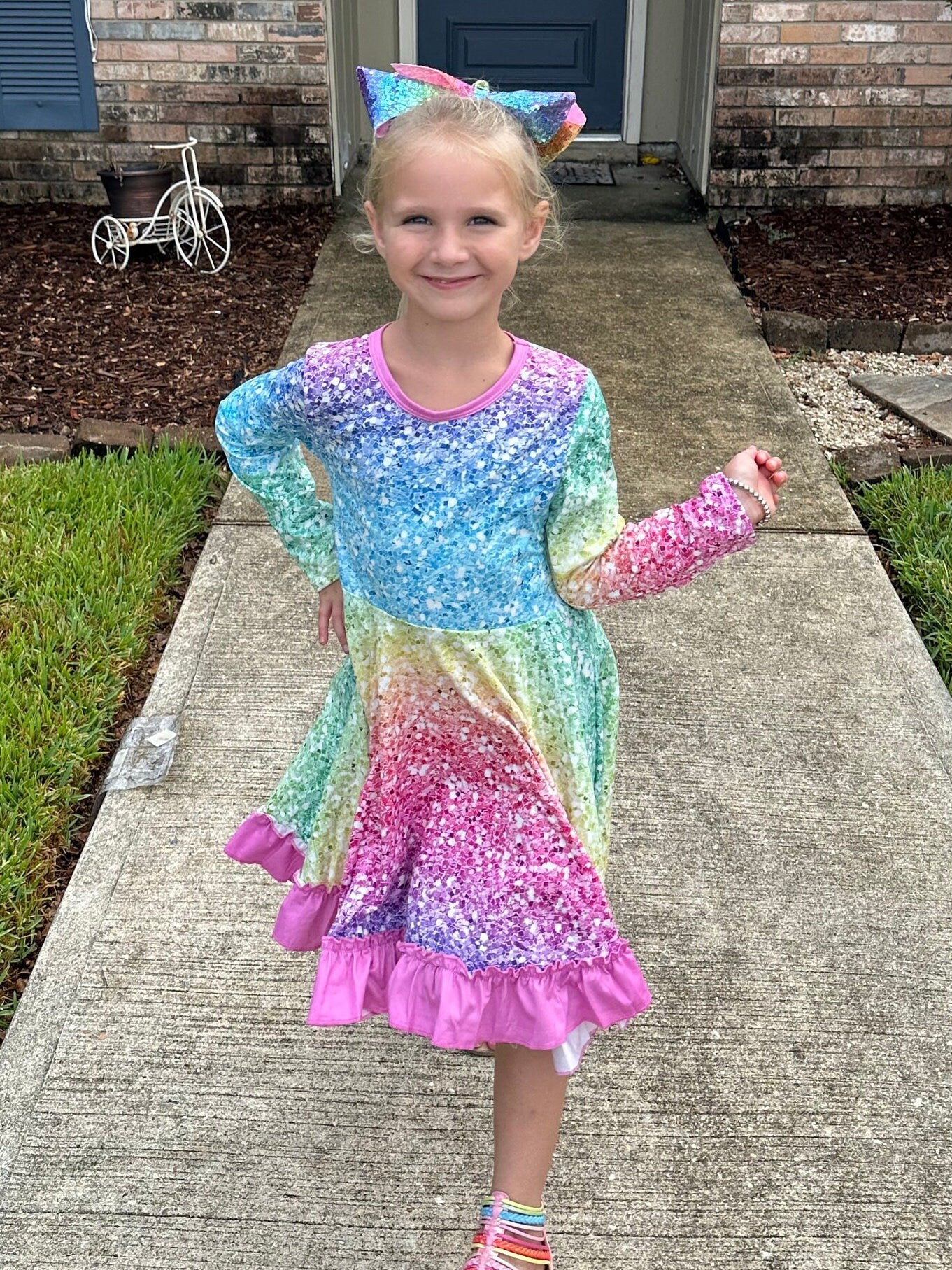 Rainbow Sparkles Long Sleeve Twirl Dress