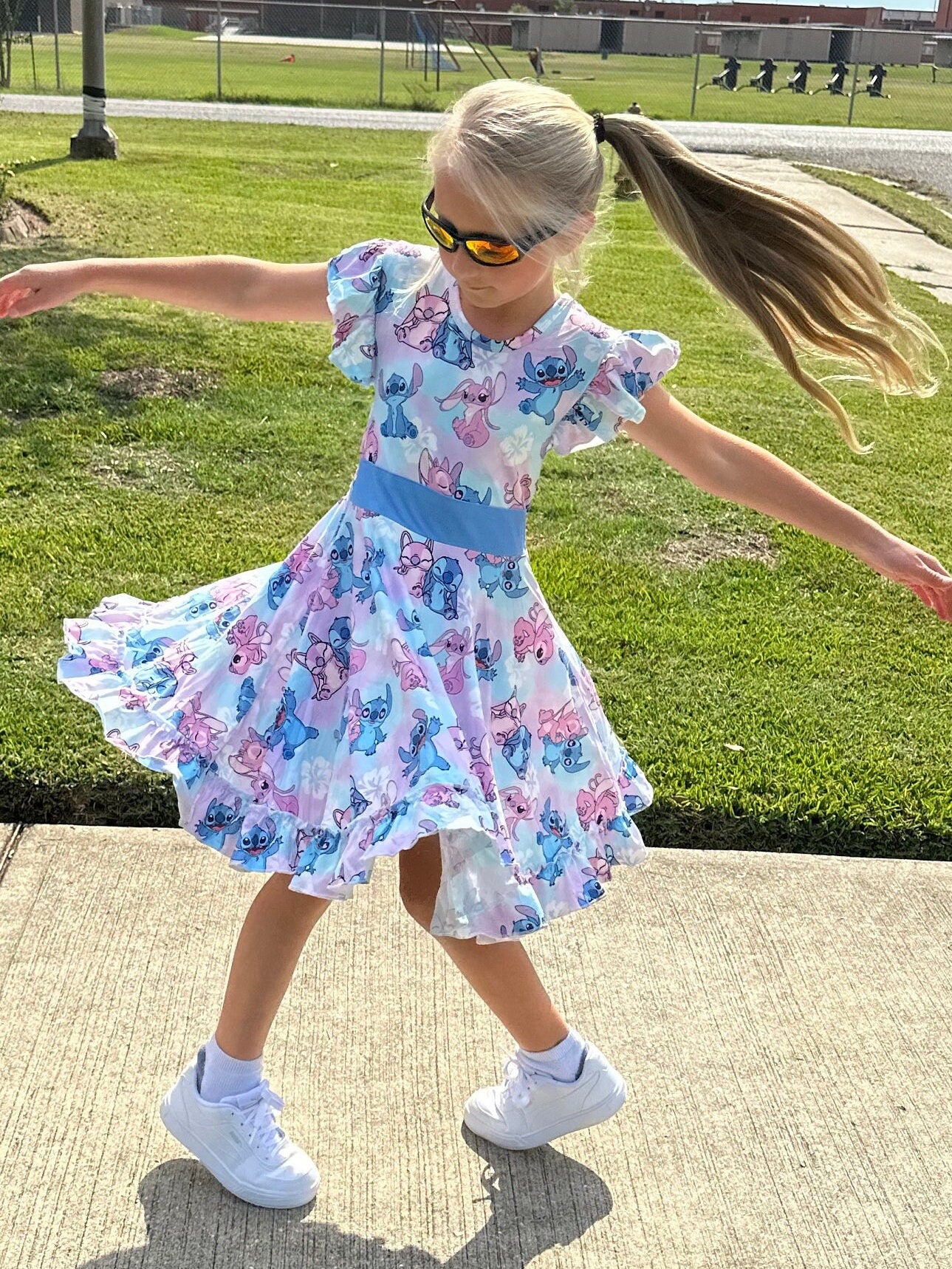 Blue Alien and Girlfriend Bow Back Twirl Dress