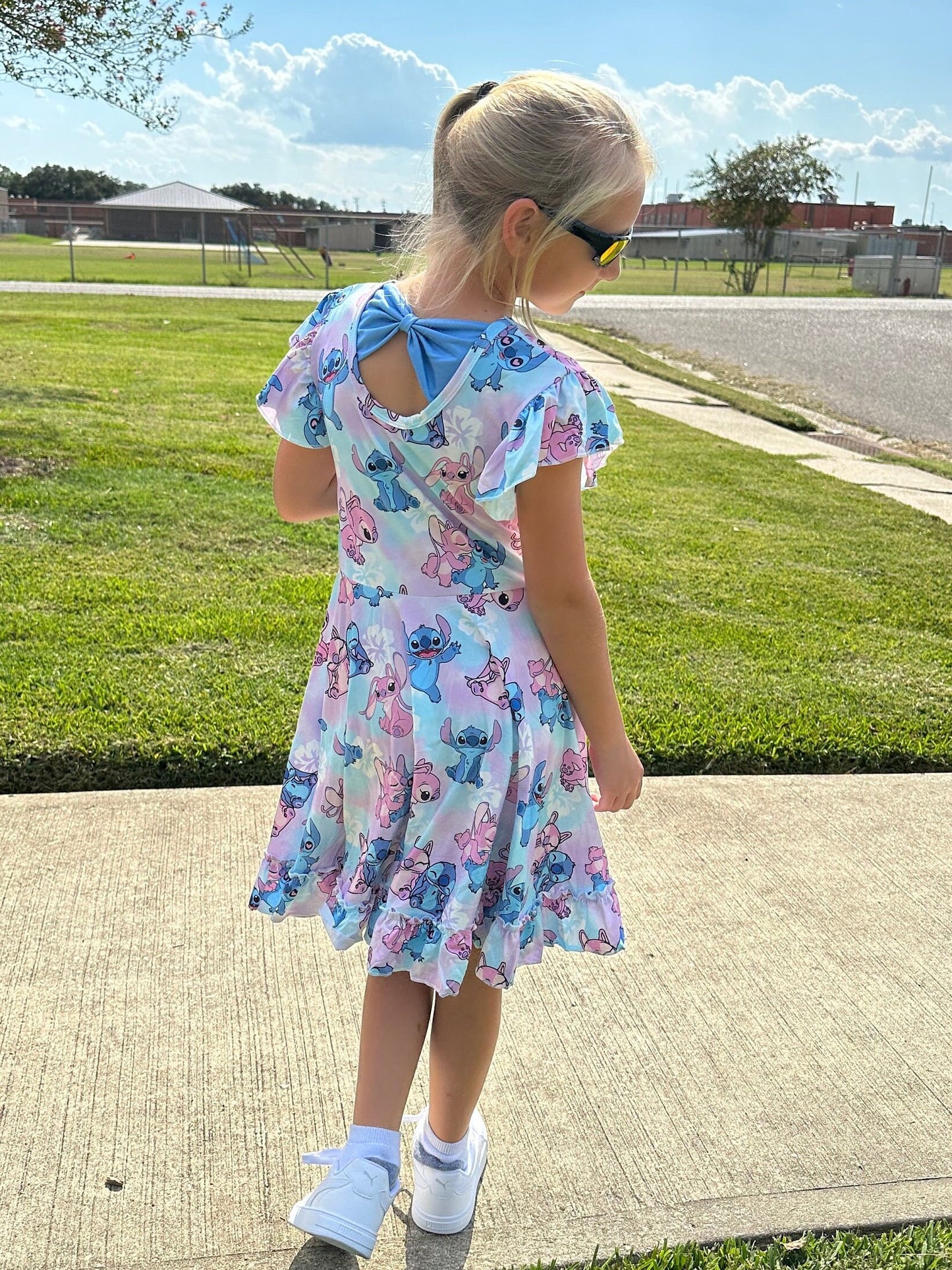 Blue Alien and Girlfriend Bow Back Twirl Dress