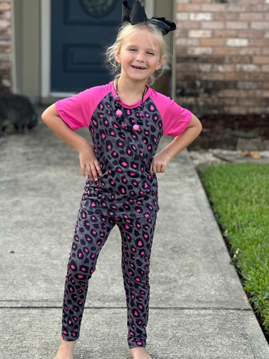 Pink and Grey Leopard Leggings Set