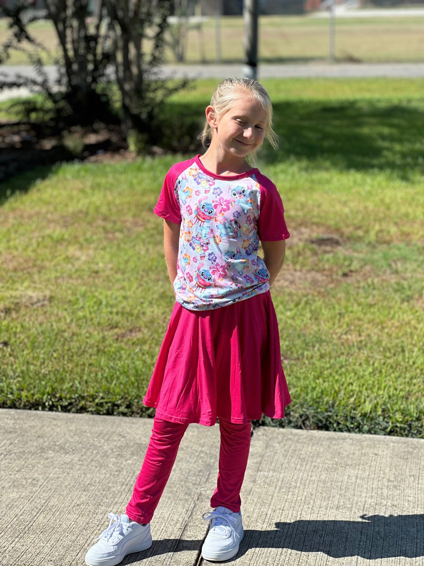 Stitch hot pink leggings twirl skirt set