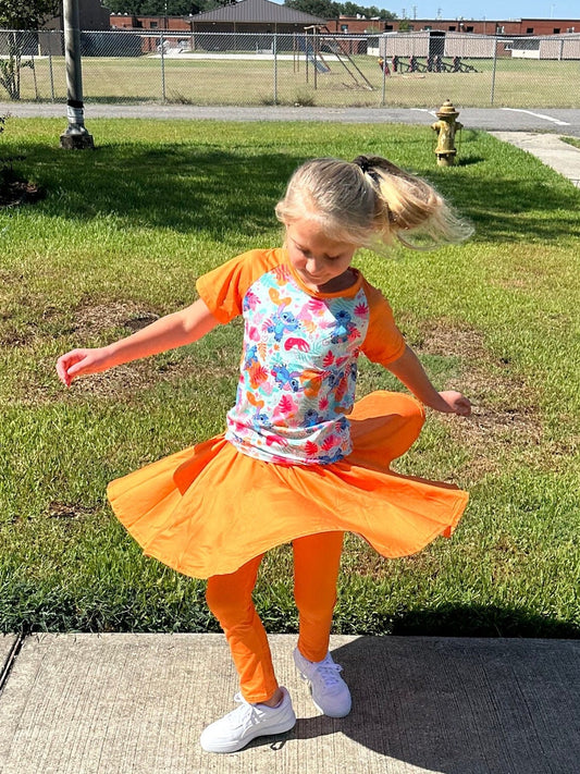 Orange Stitch twirl skirt leggings set