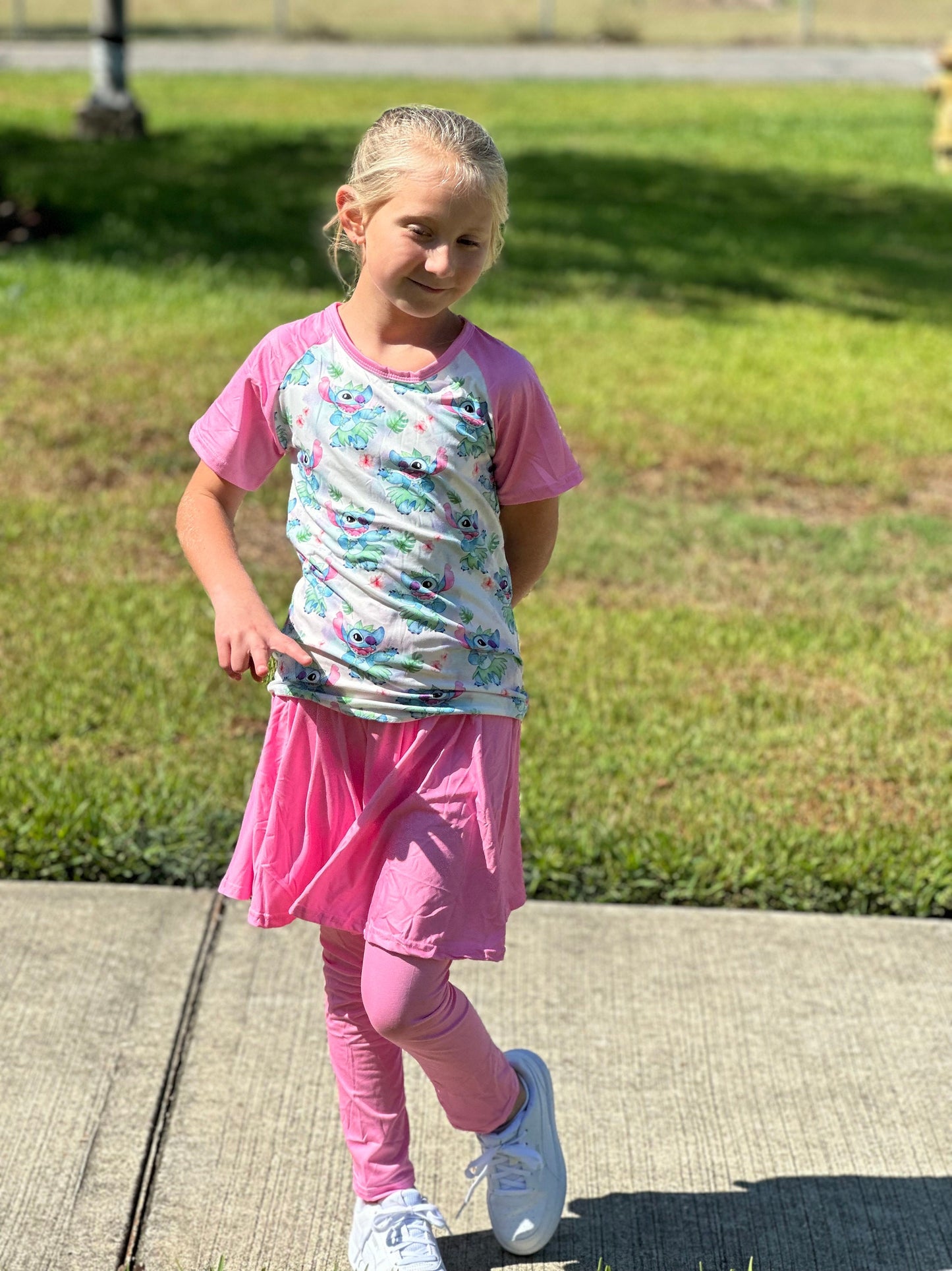 Pink dancing stitch twirl skirt leggings set