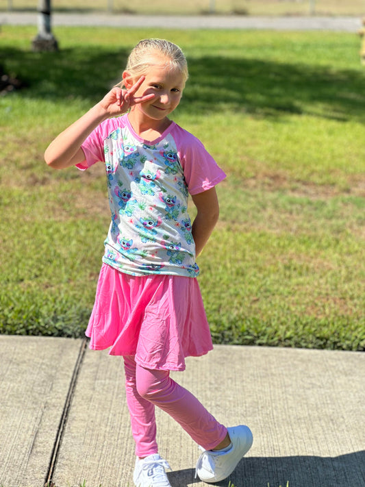 Pink dancing stitch twirl skirt leggings set