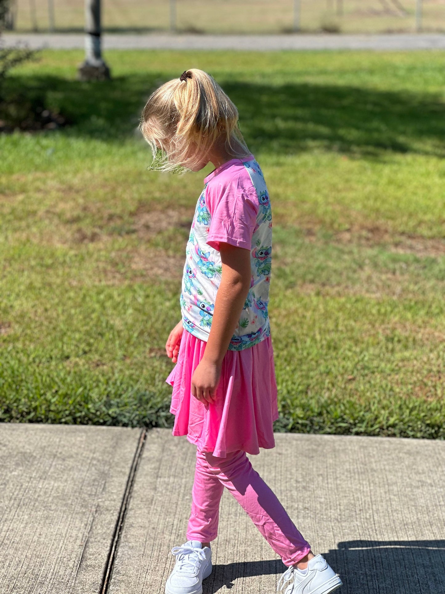 Pink dancing stitch twirl skirt leggings set