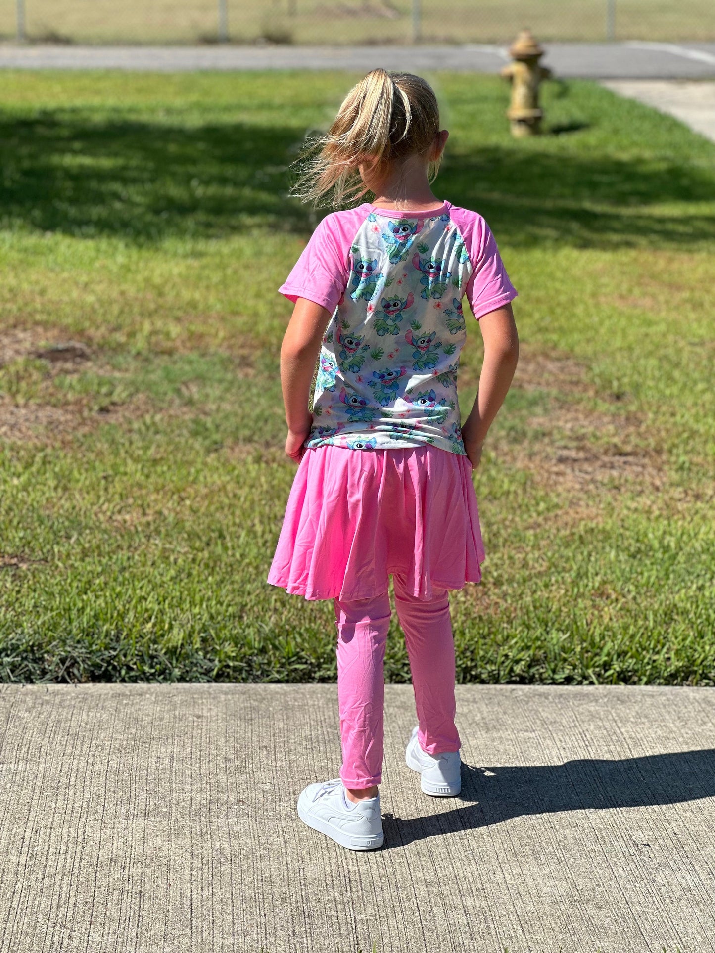 Pink dancing stitch twirl skirt leggings set