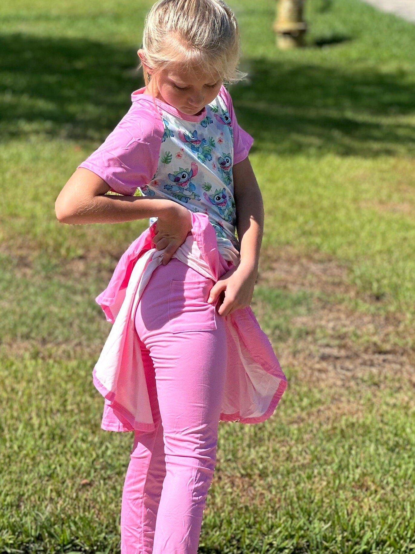 Pink dancing stitch twirl skirt leggings set