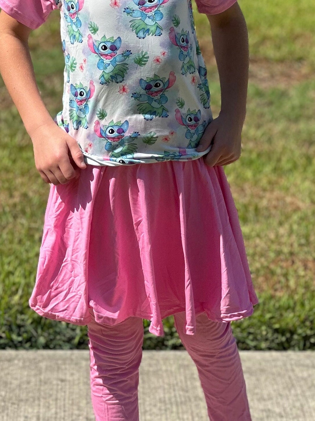 Pink dancing stitch twirl skirt leggings set
