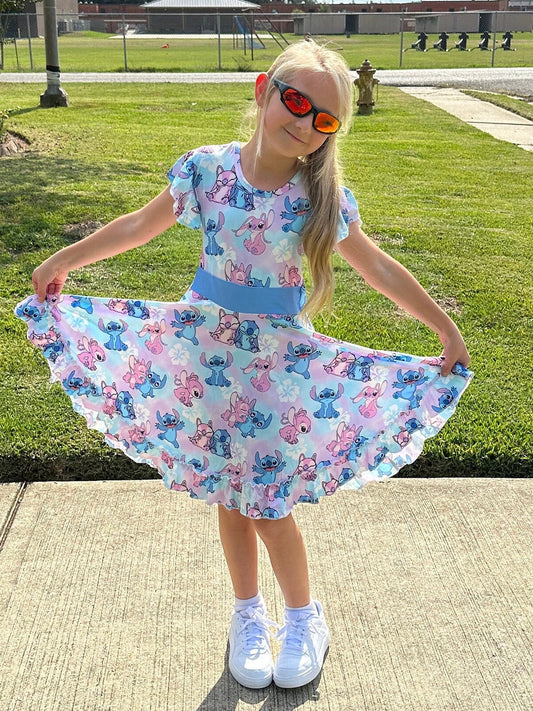 Blue Alien and Girlfriend Bow Back Twirl Dress