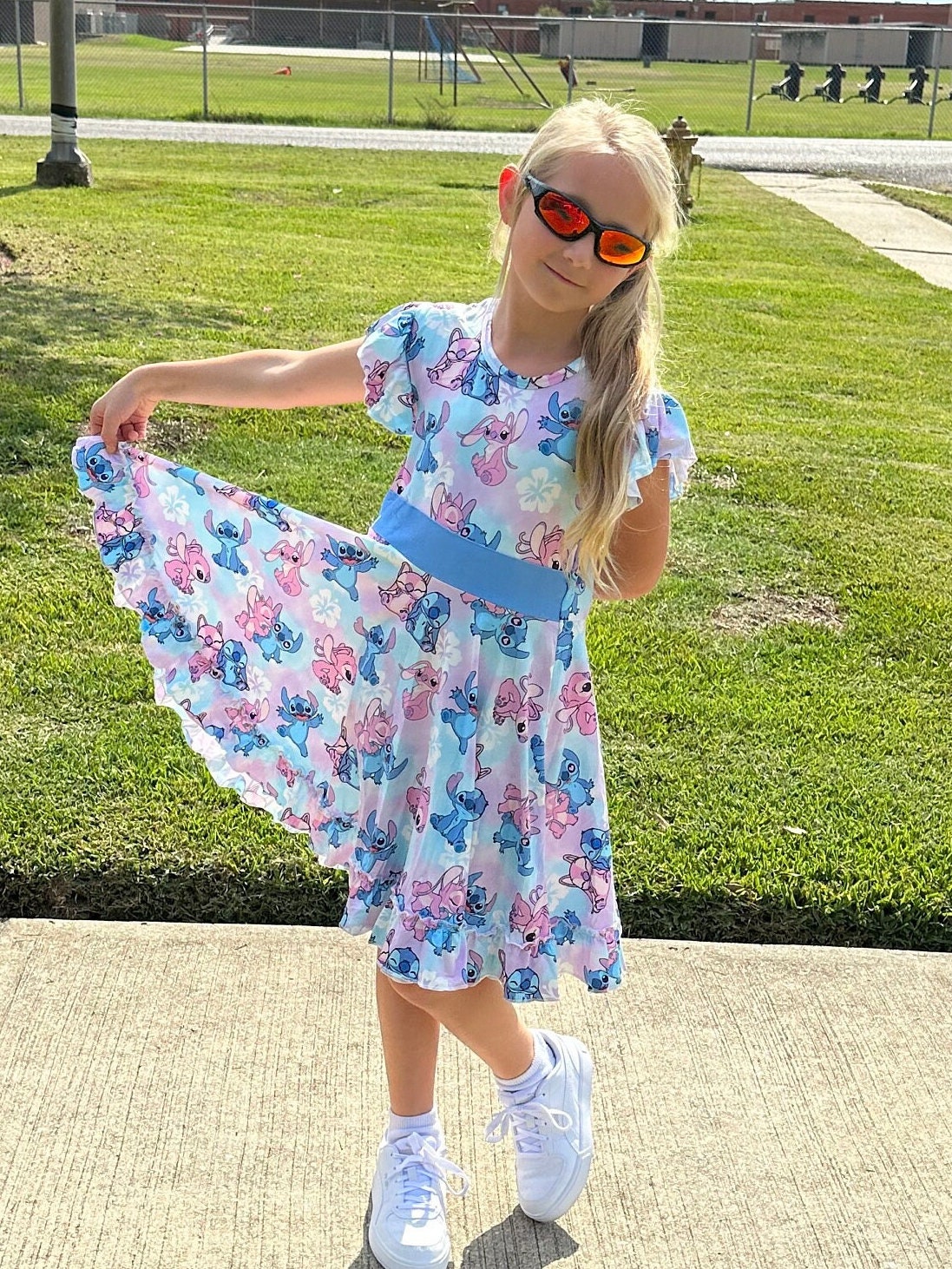 Blue Alien and Girlfriend Bow Back Twirl Dress